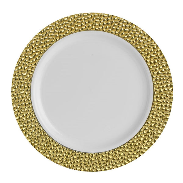 10.25 Inch White and Gold Round Plastic Dinner Plate - Hammered - Posh Setting
