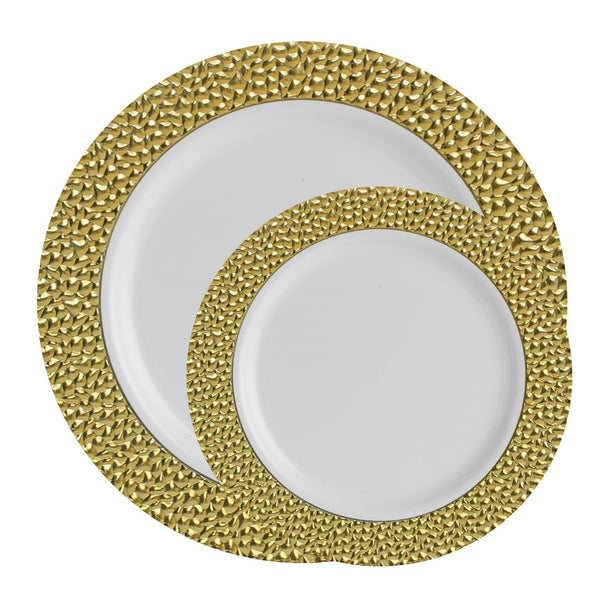 40 Piece Combo Pack White and Gold Round Plastic Dinnerware Value Set - Hammered