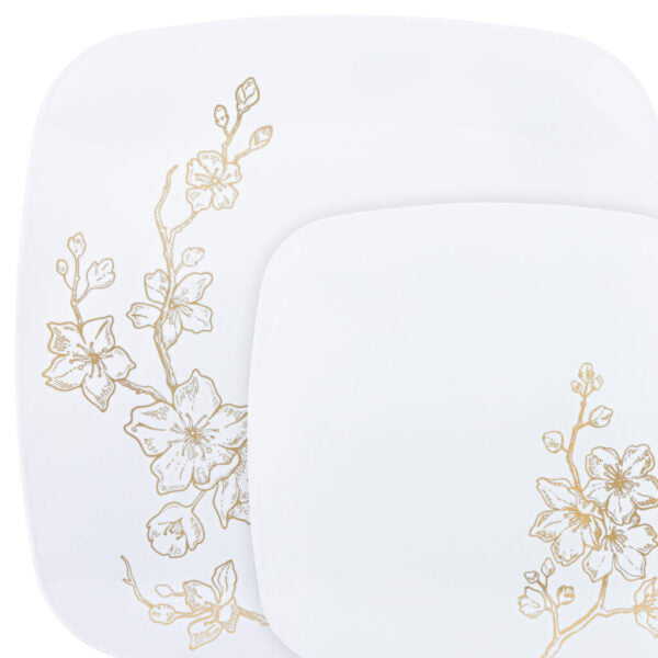 32 Piece Combo White and Gold Round Plastic Dinnerware Set (16 Servings) - Gold Buds