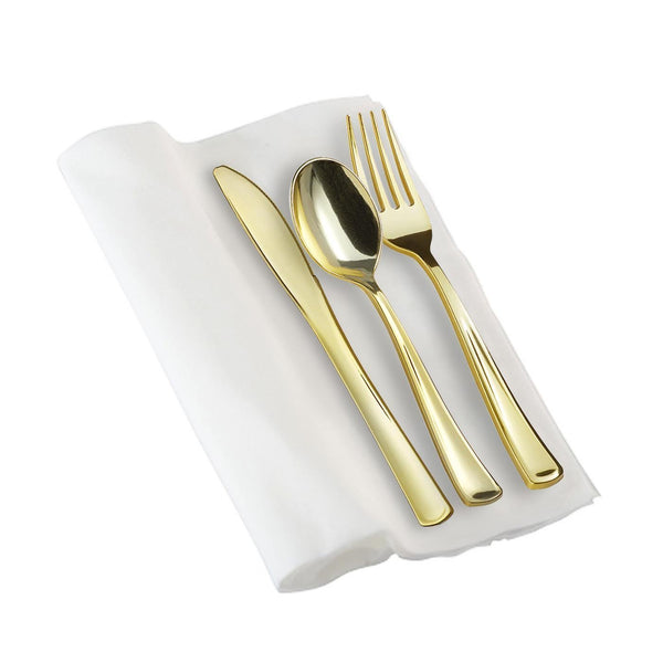 Gold Disposable Plastic Cutlery in White Napkin Rolls Set-Setting for 10
