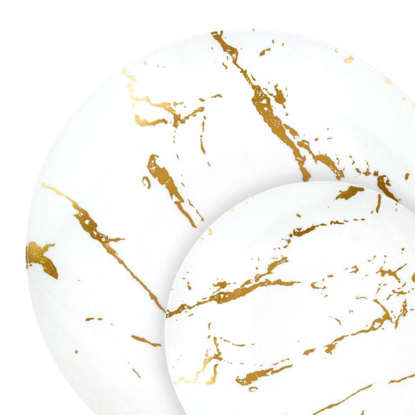 32 Piece Combo White and Gold Round Plastic Dinnerware Set (16 Servings) - Stroke