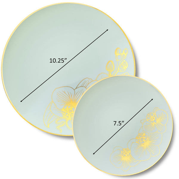 32 Piece Combo Antique Turquoise and Gold Round Plastic Dinnerware Set (16 Servings) - Orchid