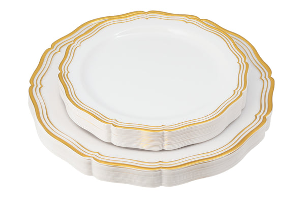 32 Piece Combo Pack White and Gold Round Plastic Dinnerware Value Set (16 Servings) - Aristocrat
