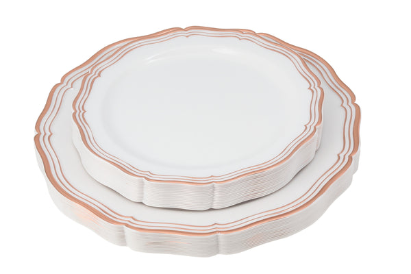 Rose Gold and White Round Plastic Dinnerware and Silverware value set 100 Piece