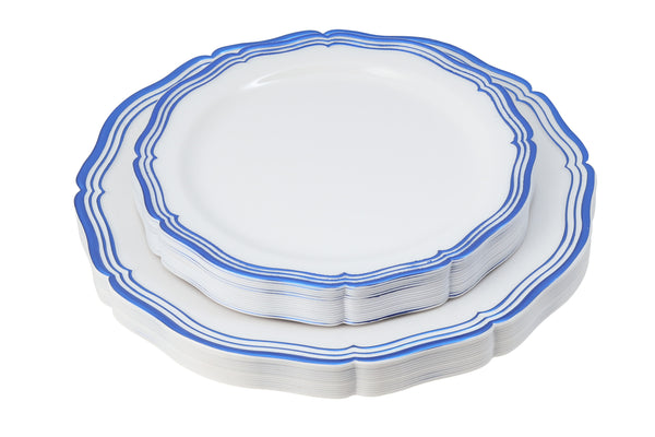 100 Piece White and Blue Round Plastic Dinnerware and Silverware value set (20 Servings) - Aristocrat