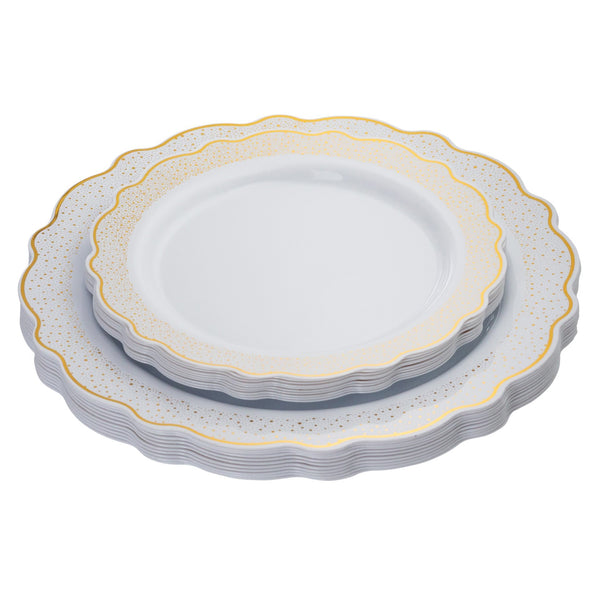 White and Gold Round Plastic Dinnerware Value Set - Confetti - Posh Setting
