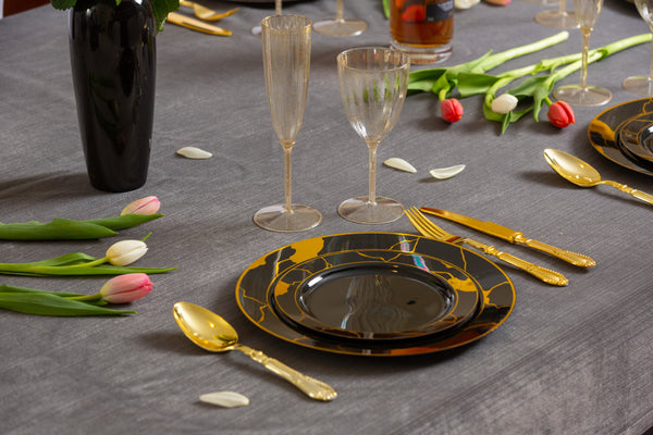40 Pack Black and Gold Round Plastic Dinnerware Value Set (20 Guests) - Marble