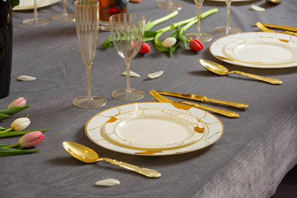 Cream and Gold Round Plastic Dinnerware Value Set