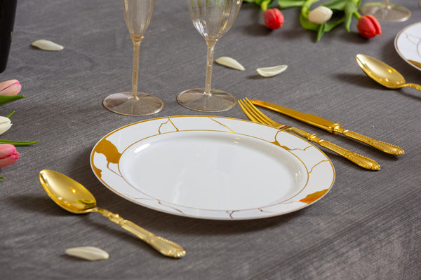 White and Gold Round Plastic Plates - Marble