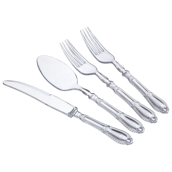 40 Piece Disposable Clear Heavyweight Plastic Silverware Combo Set (10 Settings) - Baroque