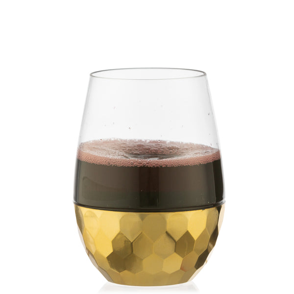 Clear Stemless Wine Goblets with Hammered Gold Design 6 pack