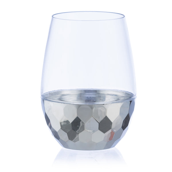 Clear Stemless Wine Goblets with Hammered Silver Design