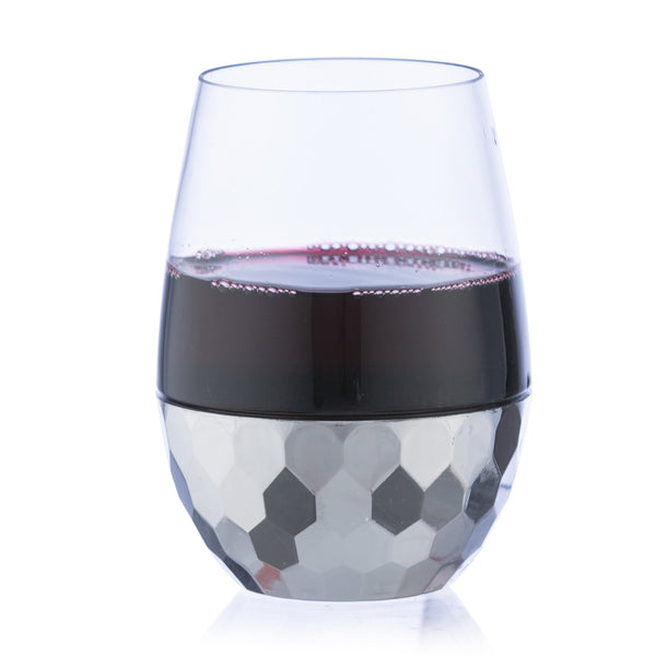 16 Oz Clear Stemless Wine Goblets with Hammered Silver Design