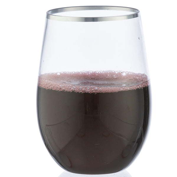 Clear Stemless Wine Goblets with Silver Rim