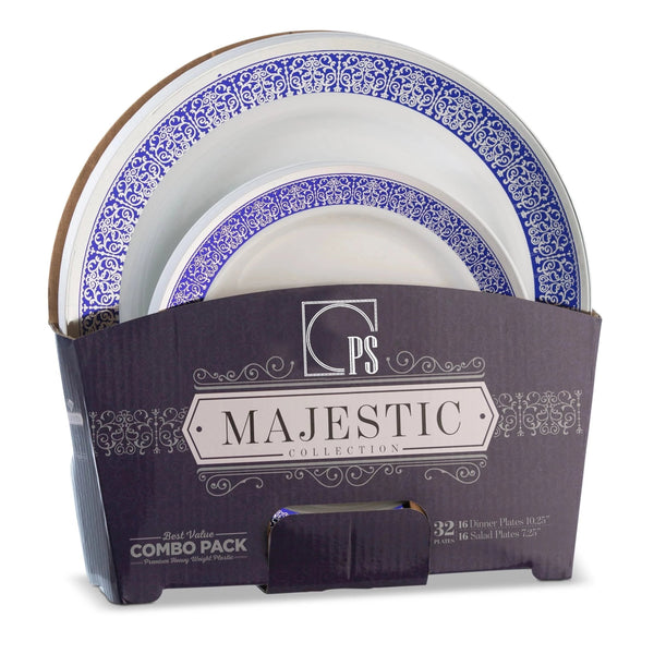 32 Piece Combo Pack Blue and Silver Round Plastic Dinnerware value set (16 Servings) - Majestic - Posh Setting