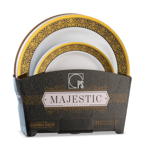 32 Piece Combo Pack Black and Gold Round Plastic Dinnerware value set (16 Servings) - Majestic - Posh Setting