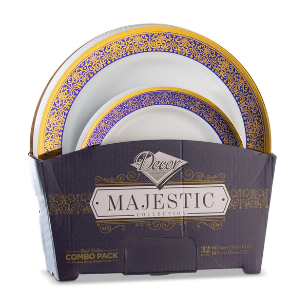 32 Piece Combo Pack Blue and Gold Round Plastic Dinnerware value set (16 Servings) - Majestic - Posh Setting