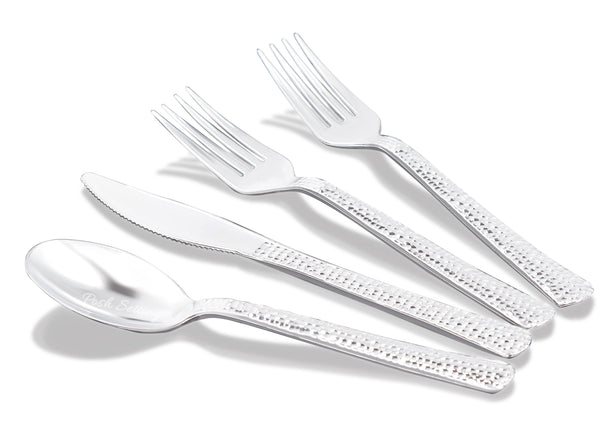180 Piece Disposable Silver Plastic Silverware Combo Set (40 Settings) - Hammered