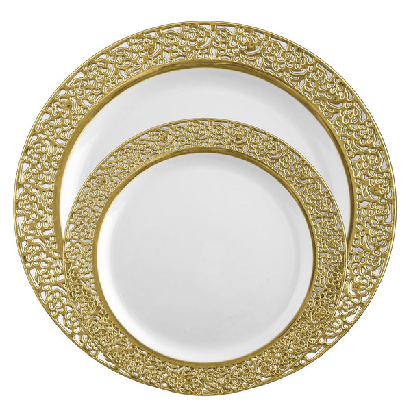 40 Piece Combo Pack White and Gold Round Plastic Dinnerware value set (20 Servings) - Lace