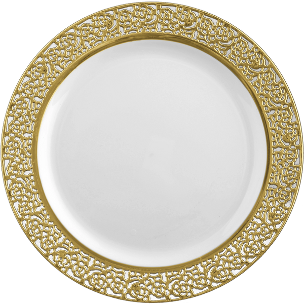 10.25 inch White and Gold Round Plastic Dinner Plate - Lace - Posh Setting
