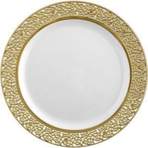 10.25 inch White and Gold Round Plastic Dinner Plate - Lace - Posh Setting