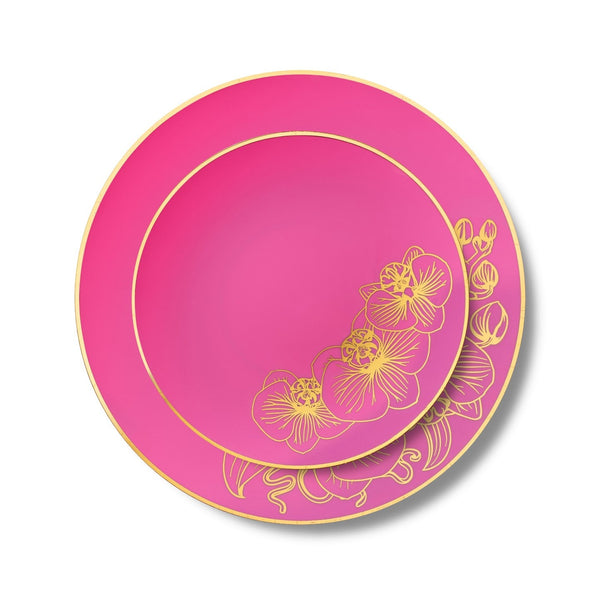 32 Piece Combo Fuchsia and Gold Round Plastic Dinnerware Set (16 Servings) - Orchid