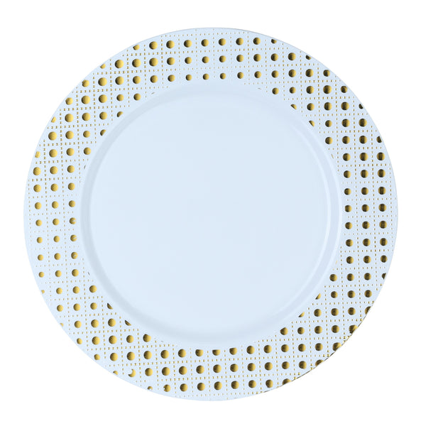 10.25 inch White and Gold Round Plastic Dinner Plate - Sphere - Posh Setting