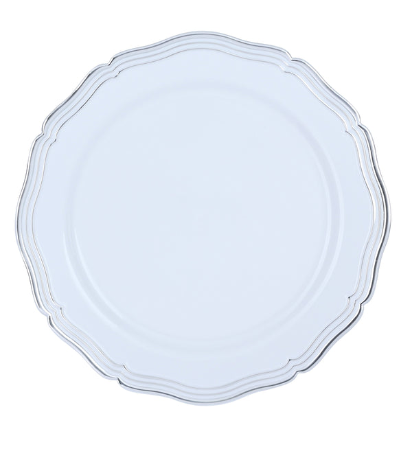 100 Piece White and Silver Round Plastic Dinnerware and Silverware value set (20 Servings) - Aristocrat - Posh Setting