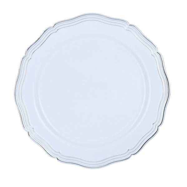 10 inch White and Silver Round Plastic Dinner Plates - Aristocrat - Posh Setting