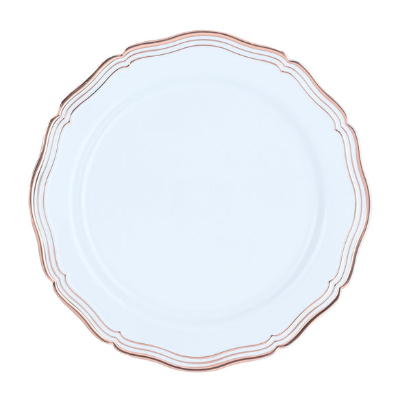 10 inch Rose Gold and White Round Plastic Dinner Plates - Aristocrat - Posh Setting