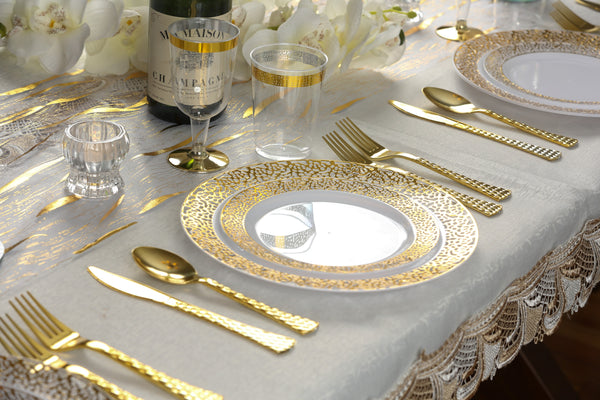 100 Piece White and Gold Round Plastic Dinnerware and Silverware value set (20 Servings) - Lace