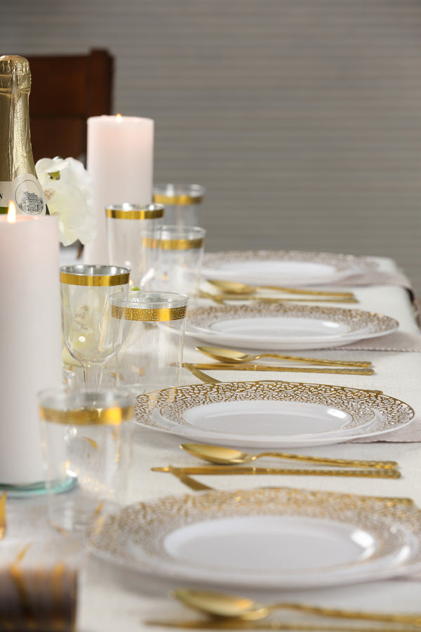 40 Piece Combo Pack White and Gold Round Plastic Dinnerware value set (20 Servings) - Lace