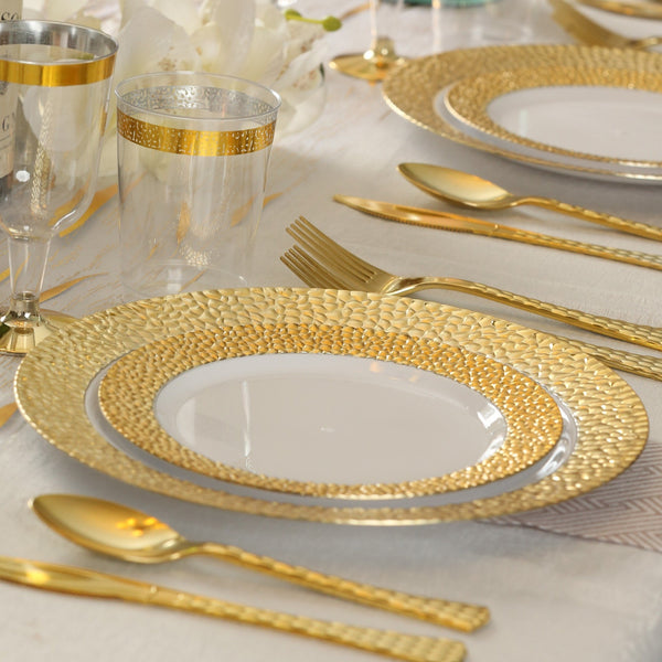 White and Gold Round Plastic Plates - Hammered