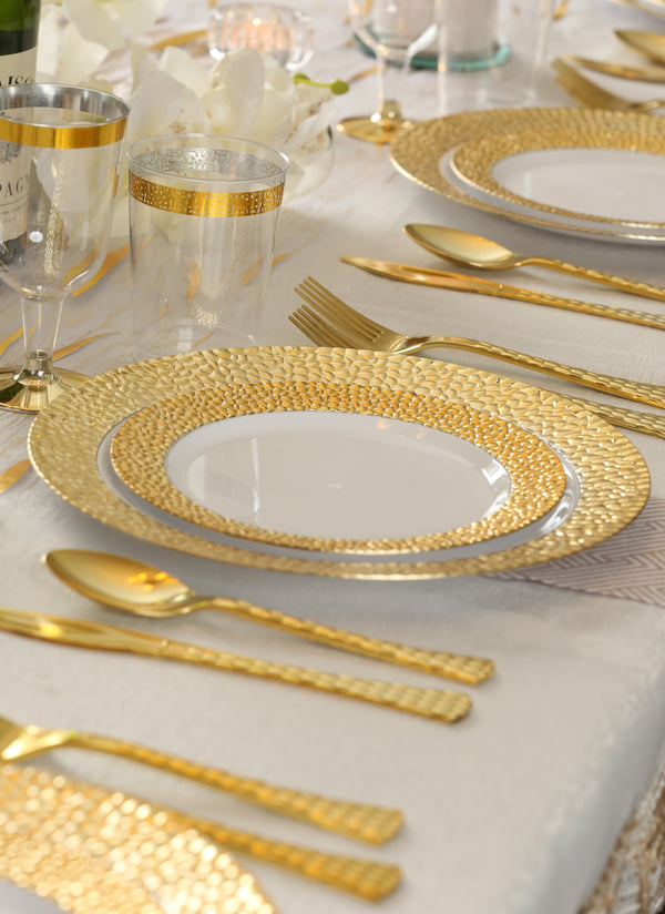 40 Piece Combo Pack White and Gold Round Plastic Dinnerware Value Set - Hammered