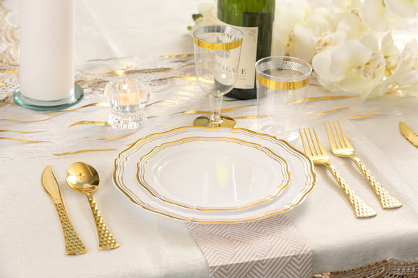 32 Piece Combo Pack White and Gold Round Plastic Dinnerware Value Set (16 Servings) - Aristocrat