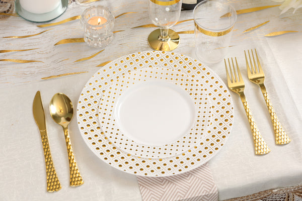 100 Piece Gold and White Round Plastic Dinnerware and Silverware value set (20 Servings) - Sphere