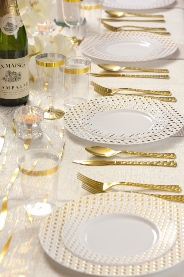 40 Piece Combo Pack White and Gold Round Plastic Dinnerware Value Set (20 Servings) - Sphere