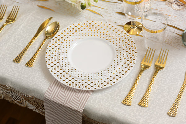 40 Piece Combo Pack White and Gold Round Plastic Dinnerware Value Set (20 Servings) - Sphere