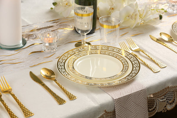 100 Piece Cream and Gold Round Plastic Dinnerware and Silverware value set (20 Servings) - Premium