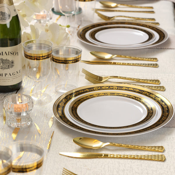 100 Piece Black and Gold Round Plastic Dinnerware and Silverware Value Set (20 Guests) - Royal