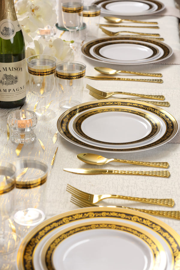 40 Pack Black and Gold Round Plastic Dinnerware Value Set (20 Guests) - Royal