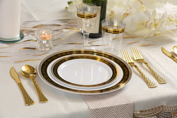 40 Pack Black and Gold Round Plastic Dinnerware Value Set (20 Guests) - Royal