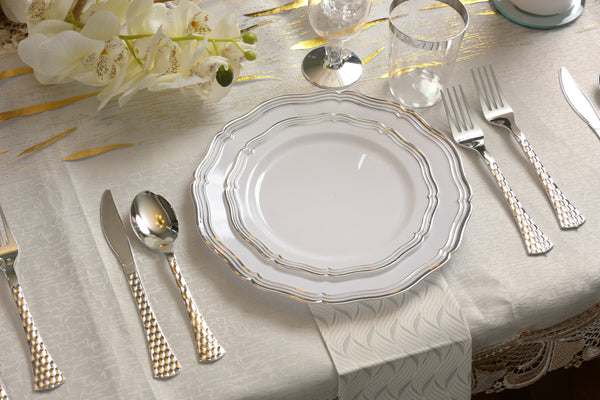 White and Silver Round Plastic Plates 10 Pack - Aristocrat