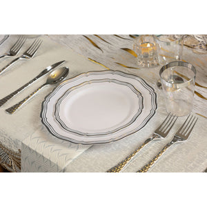 100 Piece White and Silver Round Plastic Dinnerware and Silverware value set (20 Servings) - Aristocrat - Posh Setting