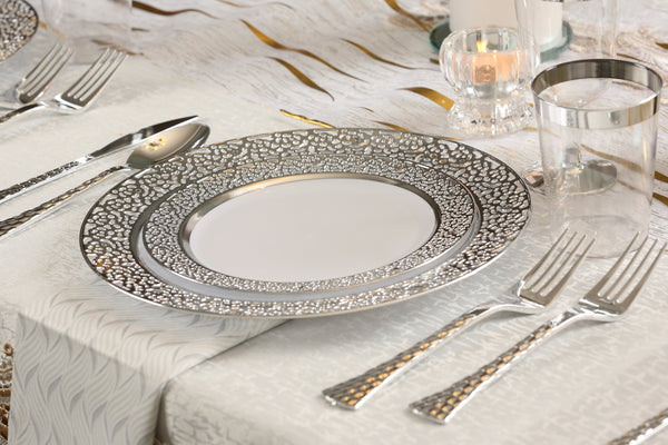 40 Piece Combo Pack White and Silver Round Plastic Dinnerware value set (20 Sevings) - Lace