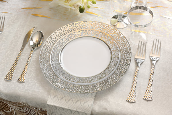 100 Piece White and Silver Round Plastic Dinnerware and Silverware value set (20 Servings) - Lace
