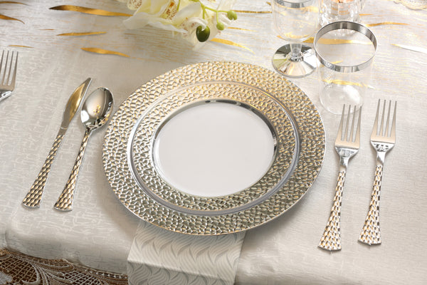 100 Piece White and Silver Round Plastic Dinnerware and Silverware Value Set (20 Guests) - Hammered