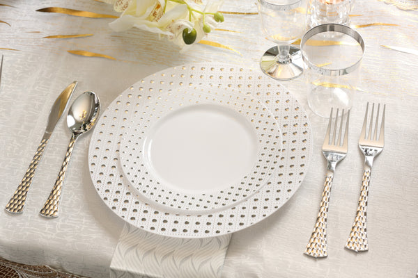 40 Piece Combo Pack White and Silver Round Plastic Dinnerware Value Set (20 Servings) - Sphere