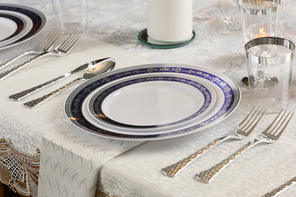 40 Pack Blue and Silver Round Plastic Dinnerware Value Set (20 Guests) - Royal