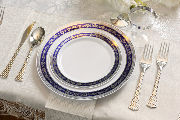 Blue and Silver Round Plastic Plates - Royal